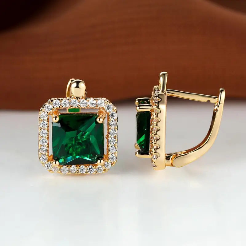 Pendientes de circonita cúbica cuadrada verde dorado | Oro
