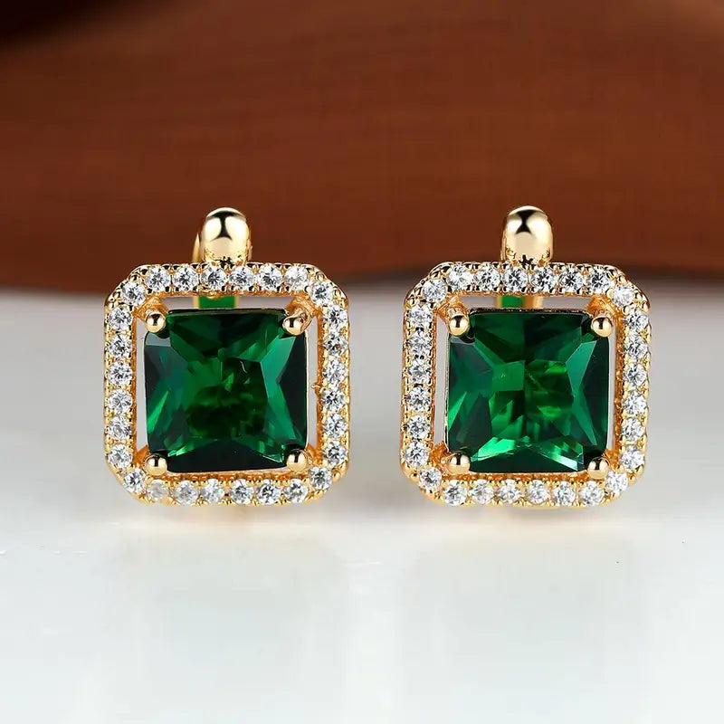 Pendientes de circonita cúbica cuadrada verde dorado | Oro