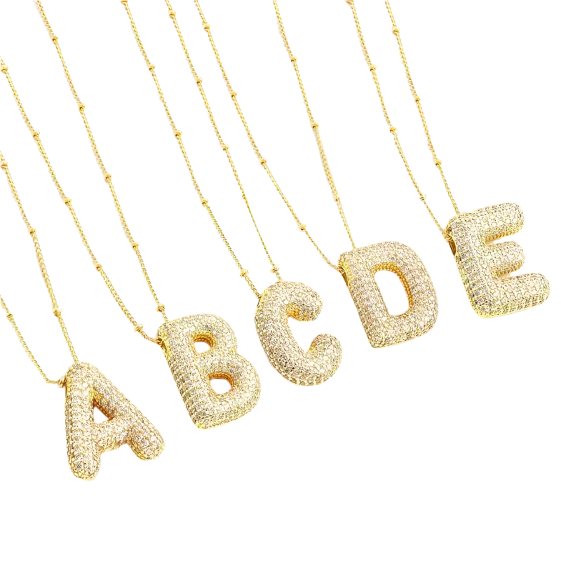 Conjunto de collar inicial de letras burbuja | Oro blanco