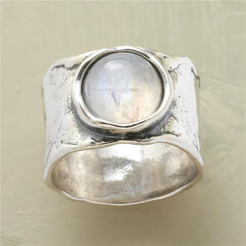 Anillo bohemio de piedra lunar | Oro blanco