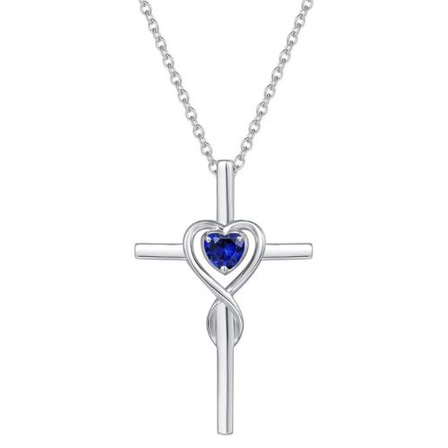 Collar de cruz con corazón de zafiro | Oro blanco