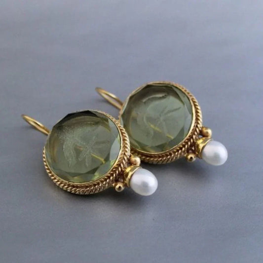 Pendientes Antiguos Redondos de Perlas de Piedra Verde | Oro Blanco