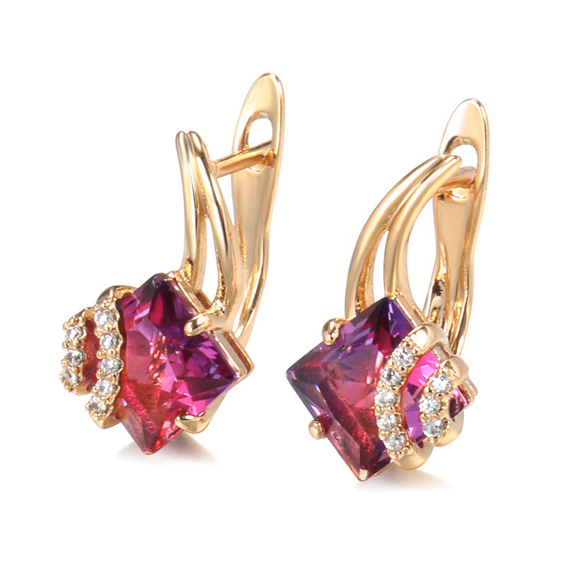 Pendientes de cristal cuadrados carmesí | Oro rosa