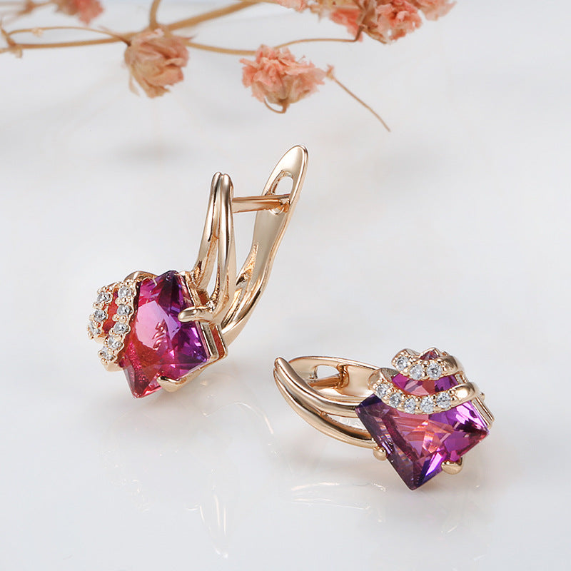 Pendientes de cristal cuadrados carmesí | Oro rosa