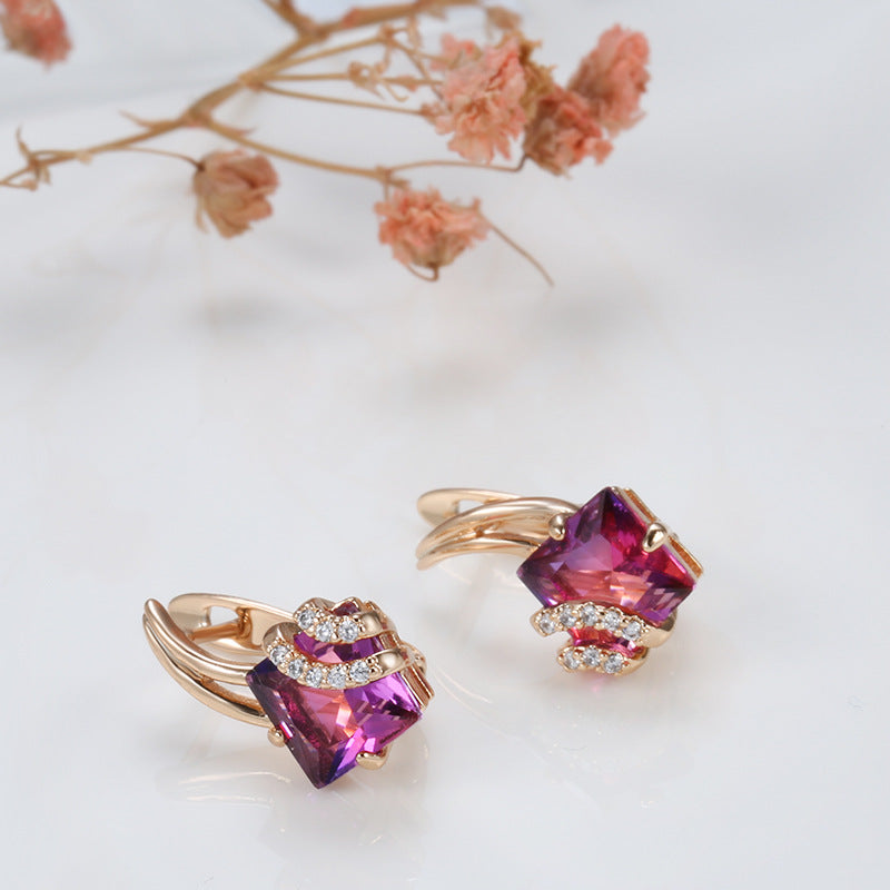 Pendientes de cristal cuadrados carmesí | Oro rosa