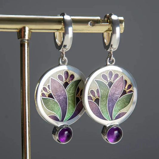 Pendientes Boho Vintage con Cristales Morados | Oro Blanco
