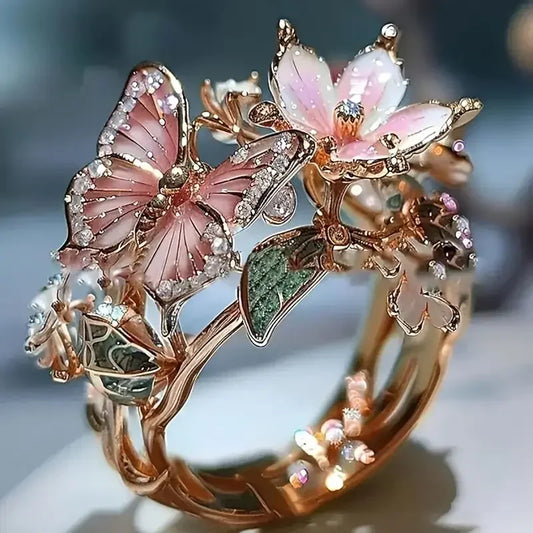 Anillo de zirconia Mariposa Brillante de la Naturaleza | Dorado